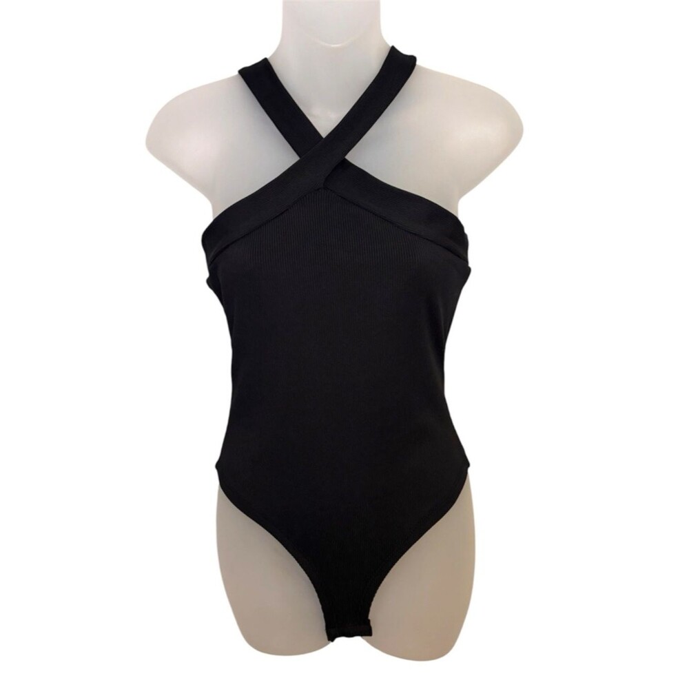 SHEIN Black Crisscross Halter Ribbed Bodysuit Size Medium